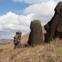 Outer slopes of Rano Raraku with Moai, some buried to the neck.